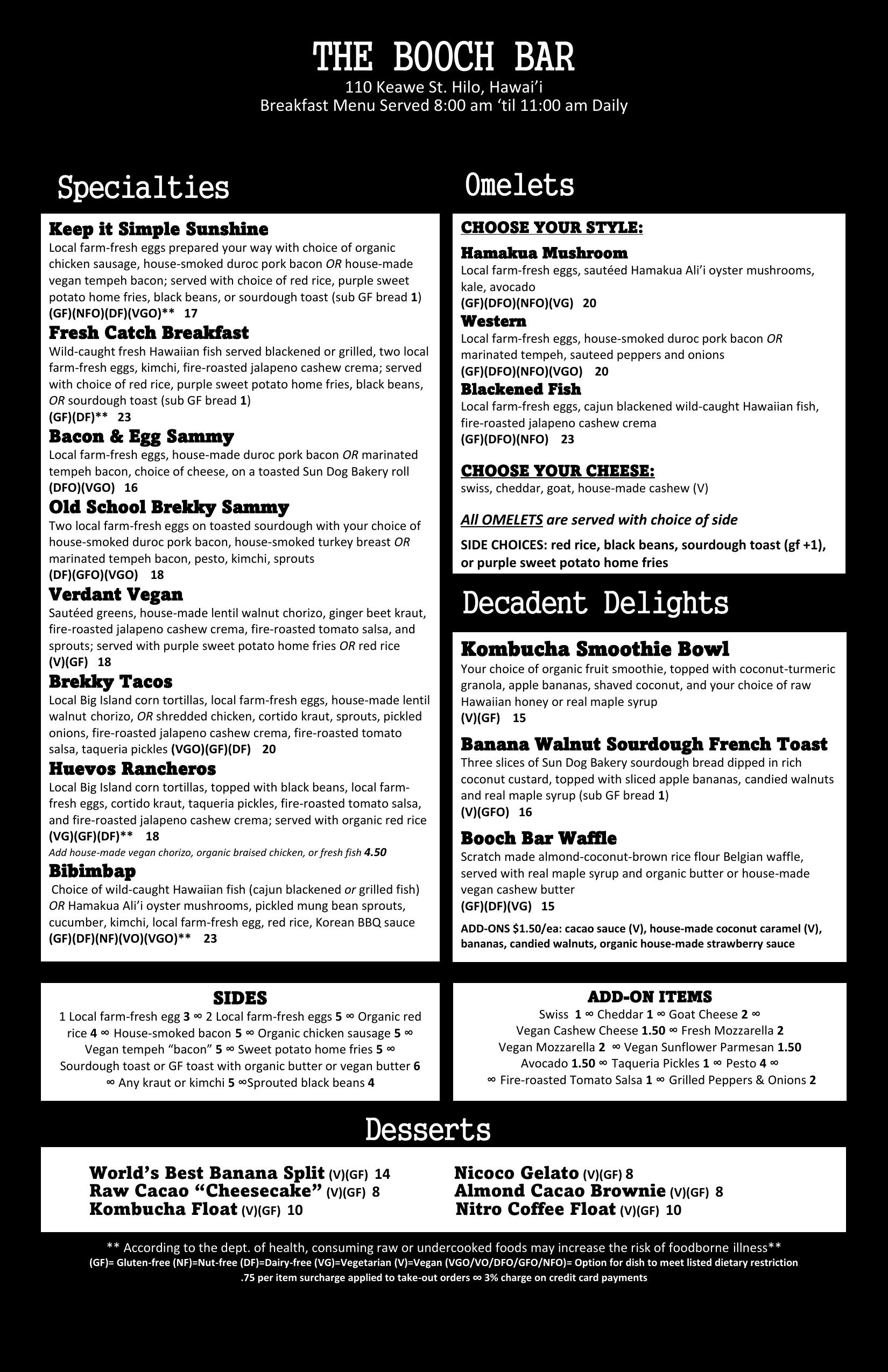 The Booch Bar breakfast menu
