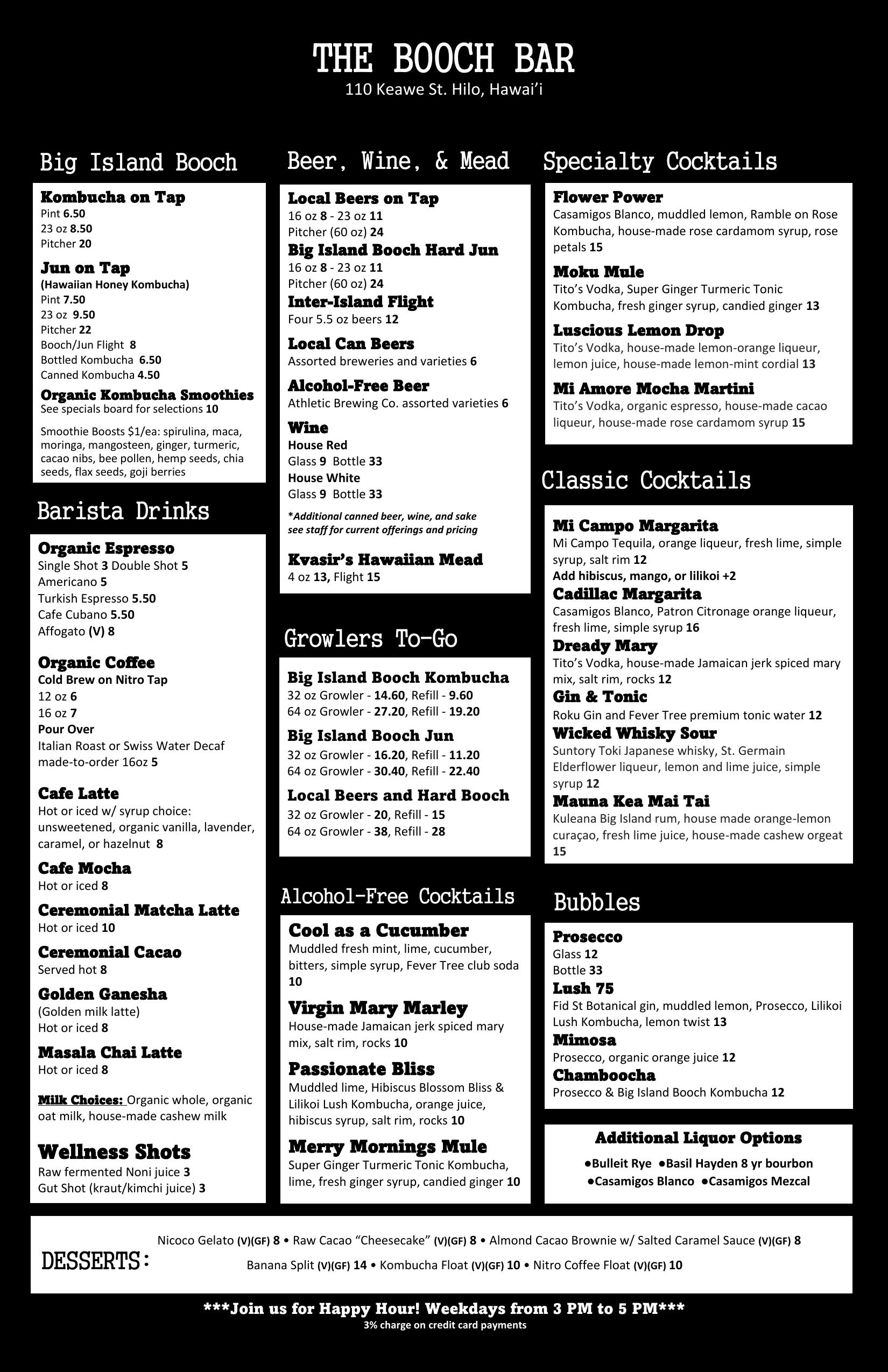 The Booch Bar drinks menu