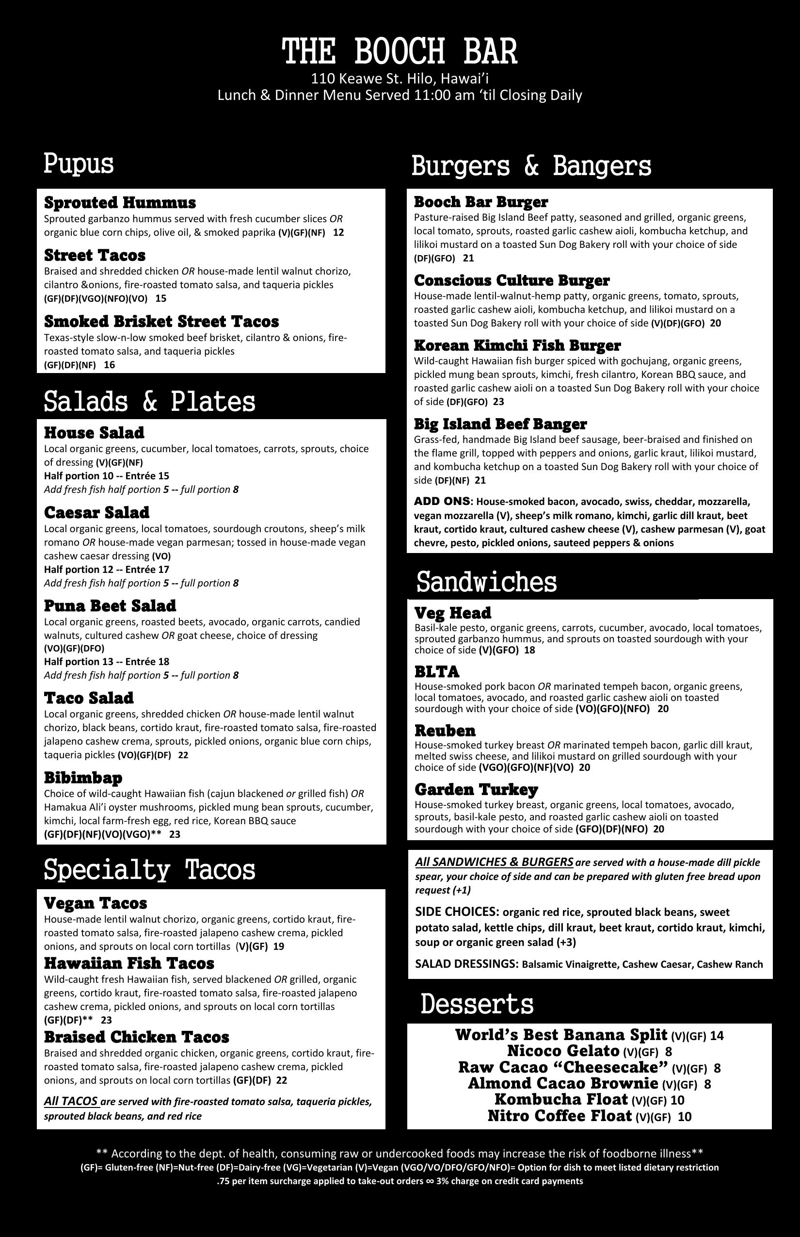 The Booch Bar lunch menu
